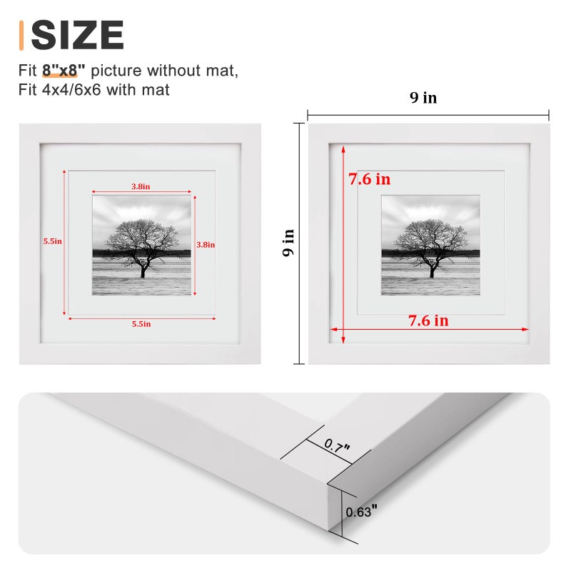 Egofine 8x8 Picture Frames 4 PCS - Made of Solid Wood Covered by Plexiglass for Table Top Display and Wall Mounting Photo Frame for Pictures 4x4/6x6 with Mat White - Image 3
